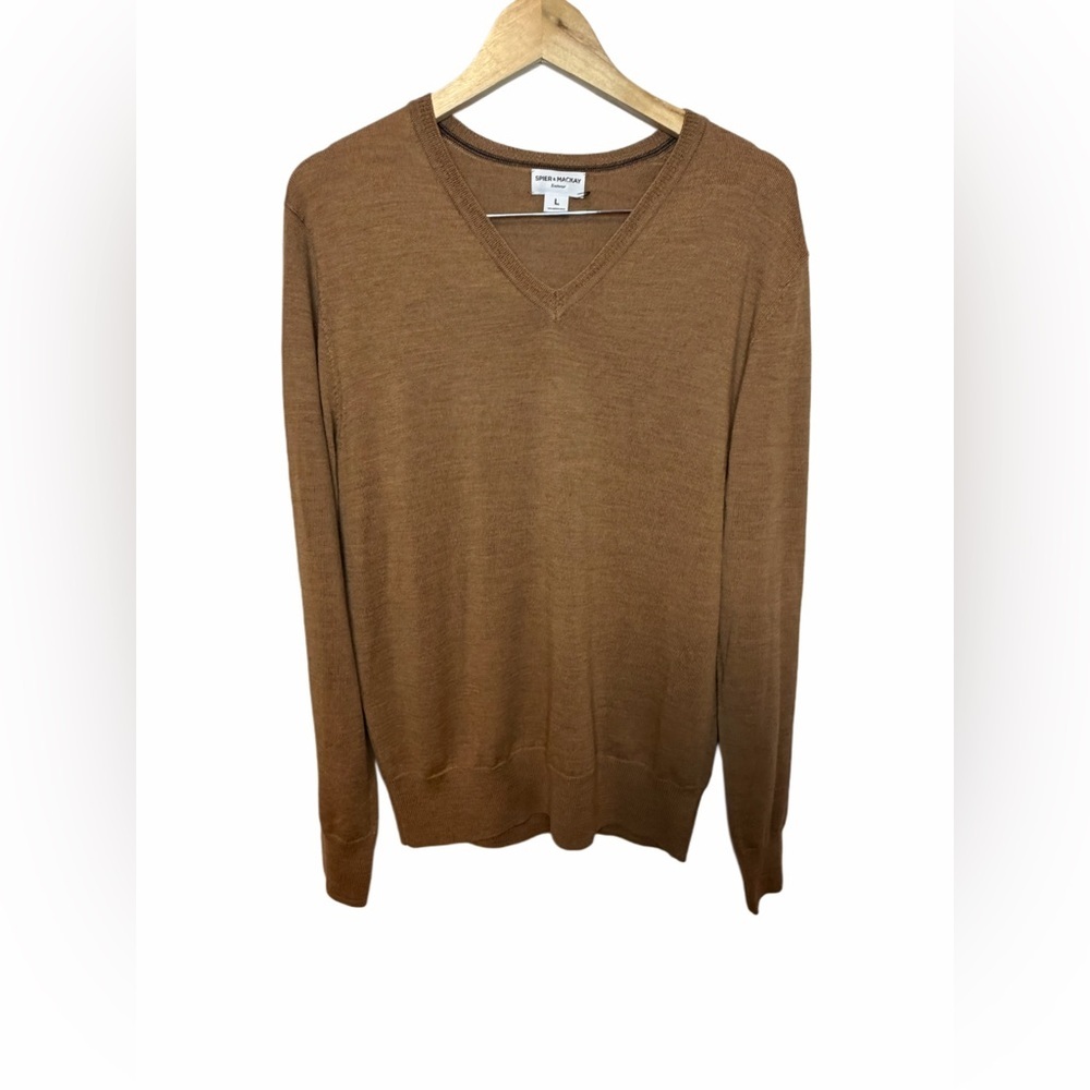 Spier & Mackay 100% Merino Wool V-Neck Sweater – Size L – Camel Brown
